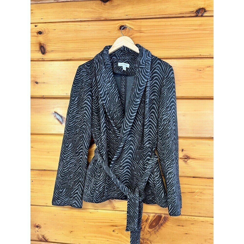 Calvin Klein Womens Zebra Print Belted Open Cardigan Sweater Size 8